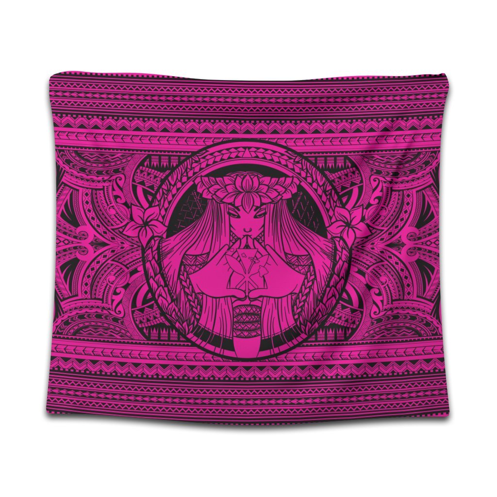 Hawaiian Map Madame Pele Kanaka Plumeria Polynesian Tapestry Pink AH Wall Tapestry Black - Polynesian Pride