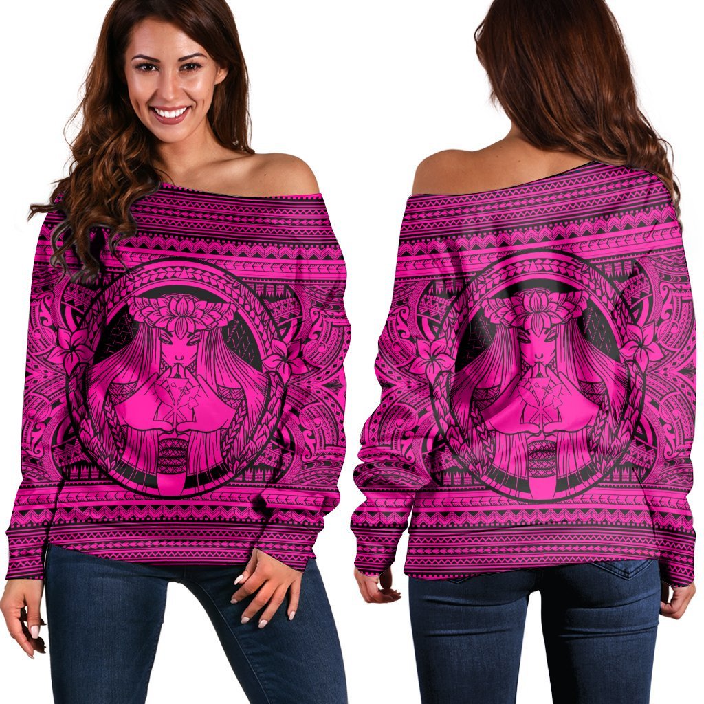 Hawaiian Map Madame Pele Kanaka Plumeria Polynesian Women's Off Shoulder Sweater Pink AH Black - Polynesian Pride