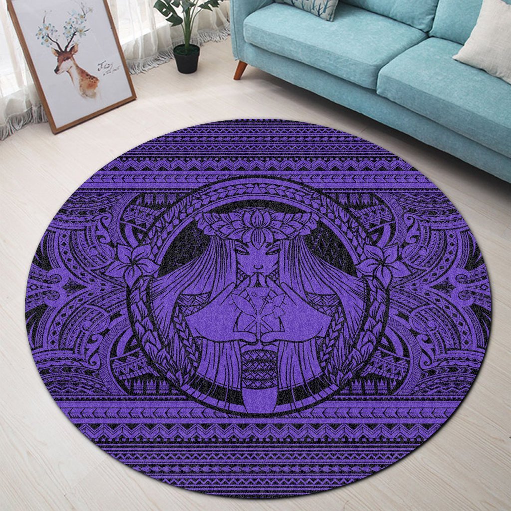 Hawaiian Map Madame Pele Kanaka Plumeria Polynesian Round Carpet Purple AH - Polynesian Pride