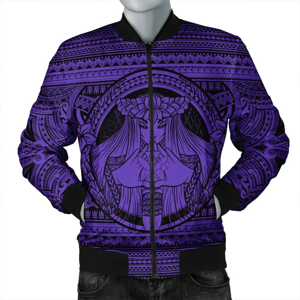 Hawaiian Map Madame Pele Kanaka Plumeria Polynesian Bomber Jacket Purple AH Black Unisex - Polynesian Pride