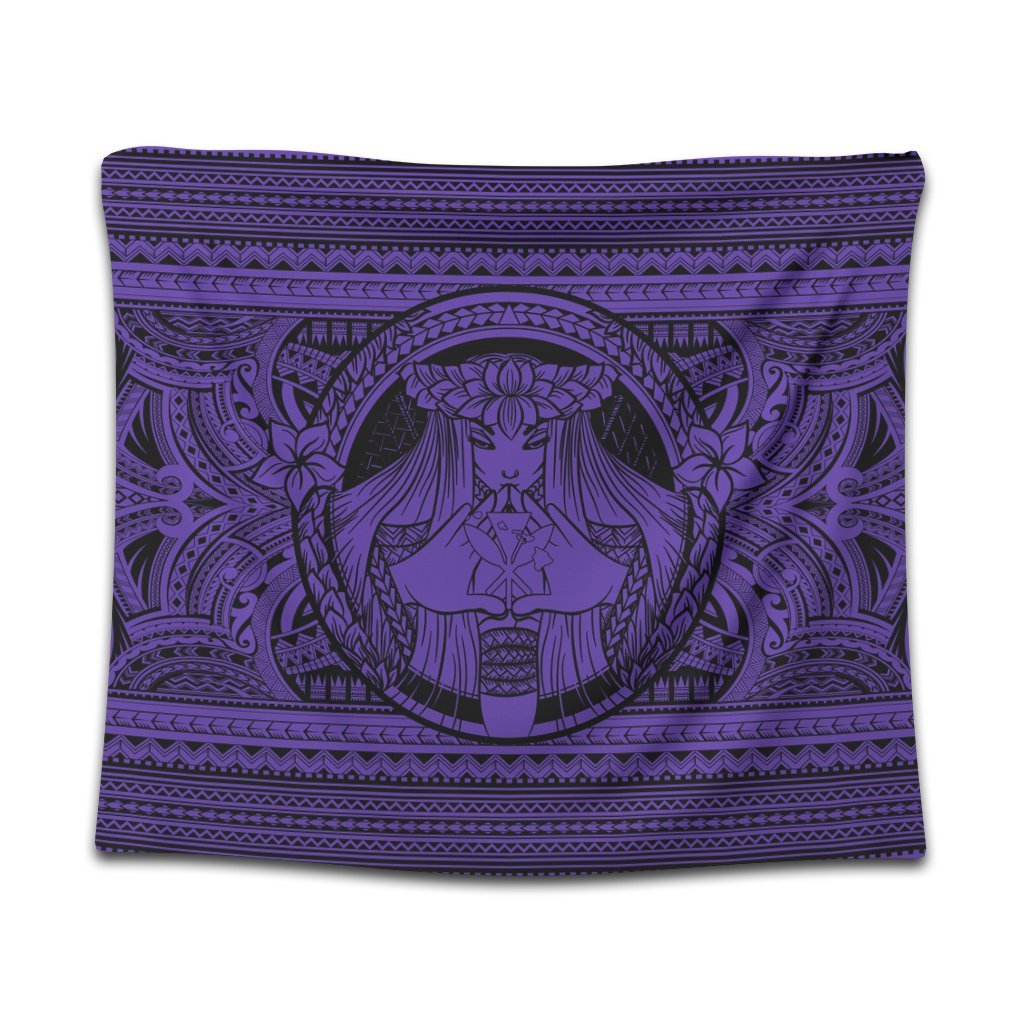 Hawaiian Map Madame Pele Kanaka Plumeria Polynesian Tapestry Purple AH Wall Tapestry Black - Polynesian Pride