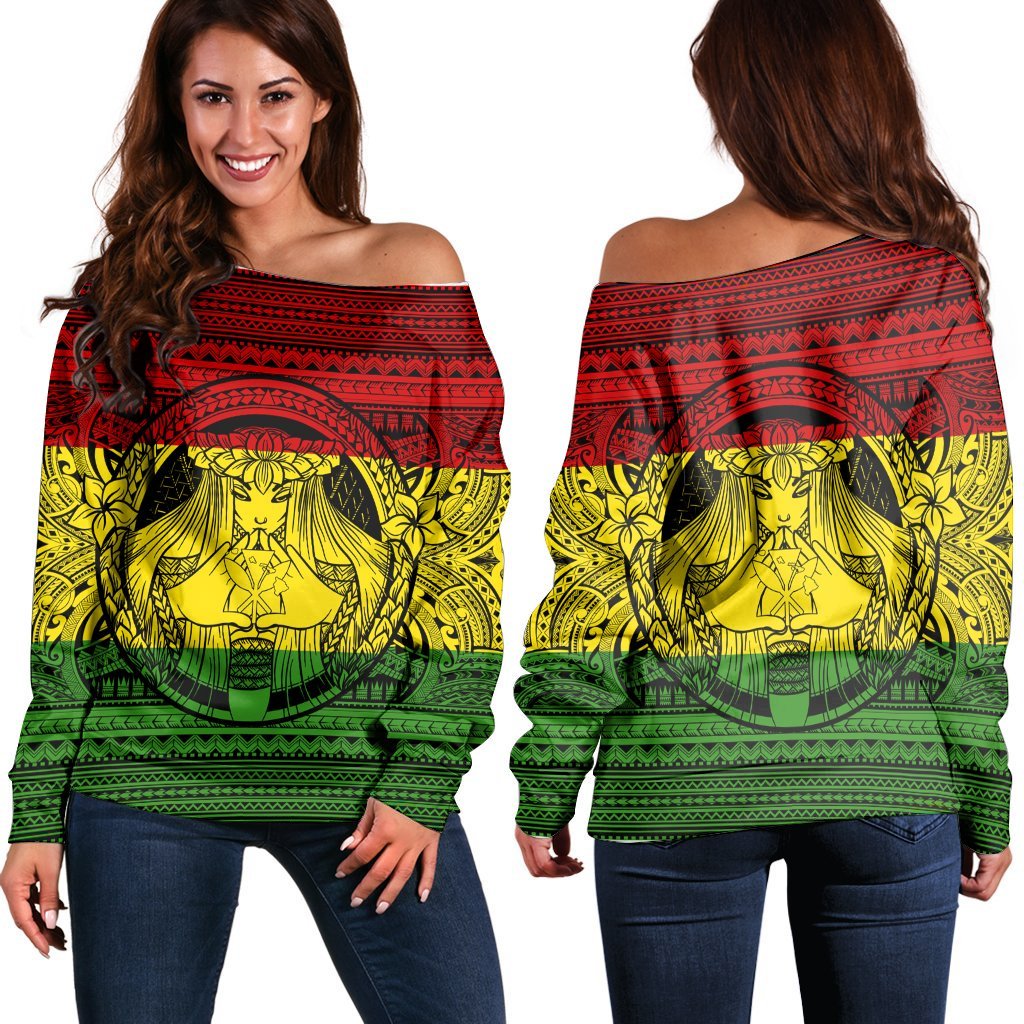 Hawaiian Map Madame Pele Kanaka Plumeria Polynesian Women's Off Shoulder Sweater Reggae AH Black - Polynesian Pride