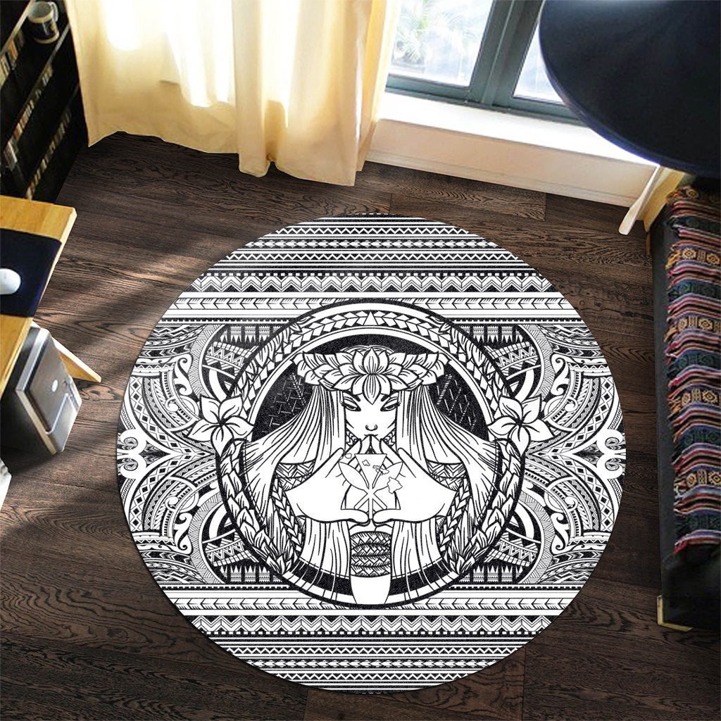 Hawaiian Map Madame Pele Kanaka Plumeria Polynesian Round Carpet White AH - Polynesian Pride