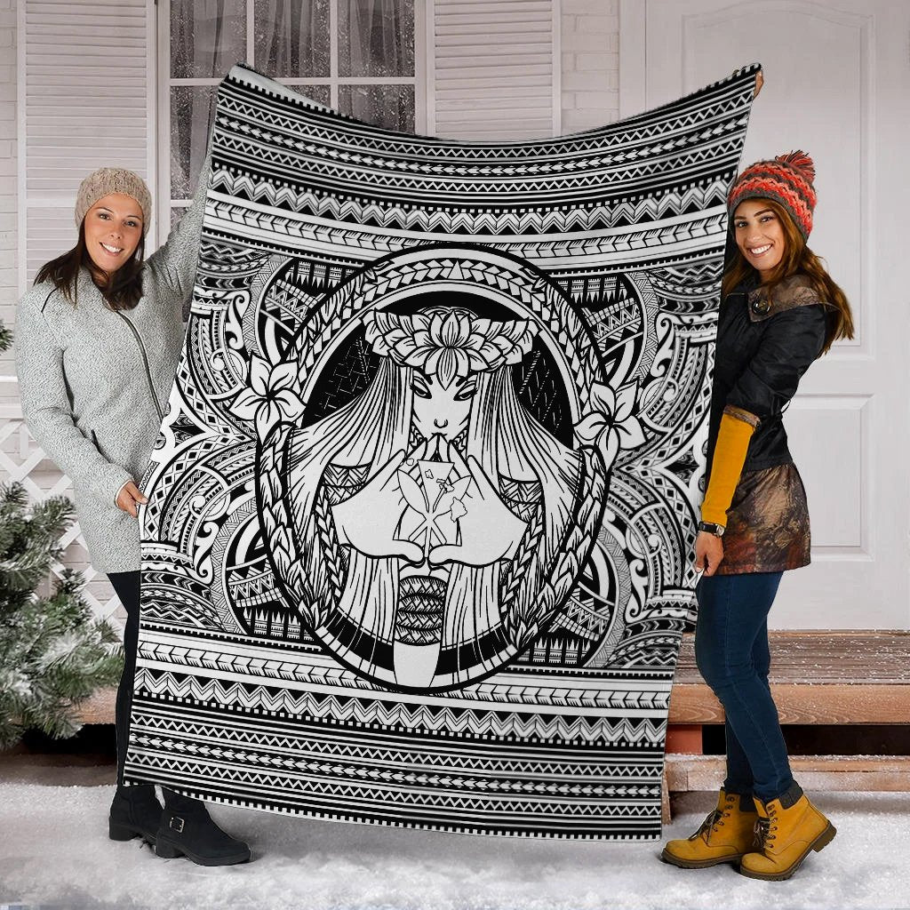 Hawaiian Map Madame Pele Kanaka Plumeria Polynesian Premium Blankets White AH - Polynesian Pride