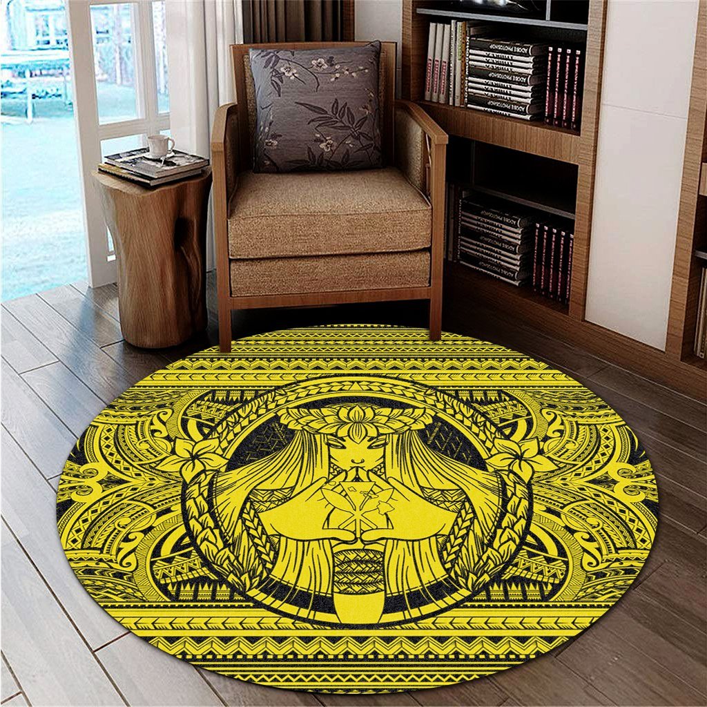 Hawaiian Map Madame Pele Kanaka Plumeria Polynesian Round Carpet Yellow AH - Polynesian Pride