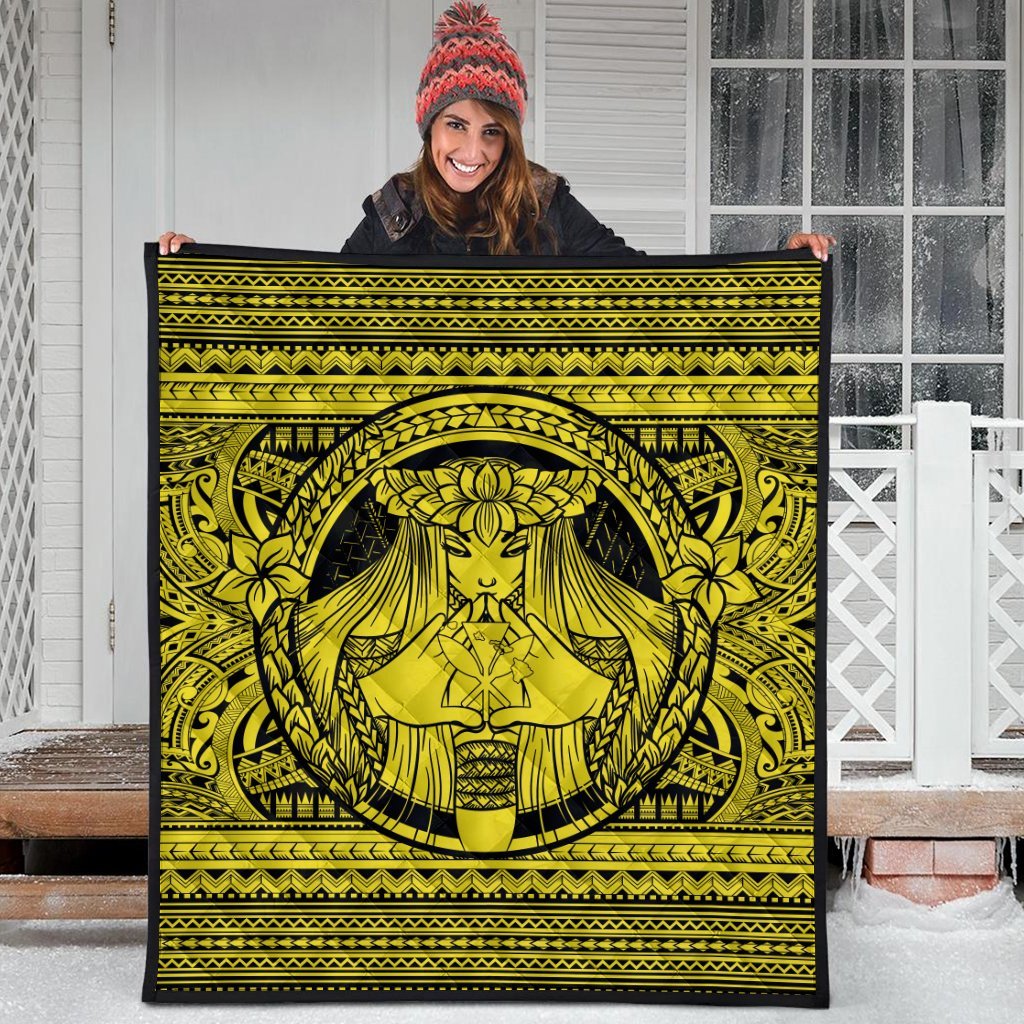 Hawaiian Map Madame Pele Kanaka Plumeria Polynesian Premium Quilts Yellow AH - Polynesian Pride
