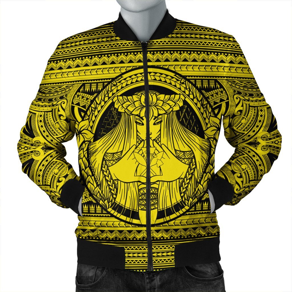 Hawaiian Map Madame Pele Kanaka Plumeria Polynesian Bomber Jacket Yellow AH Black Unisex - Polynesian Pride