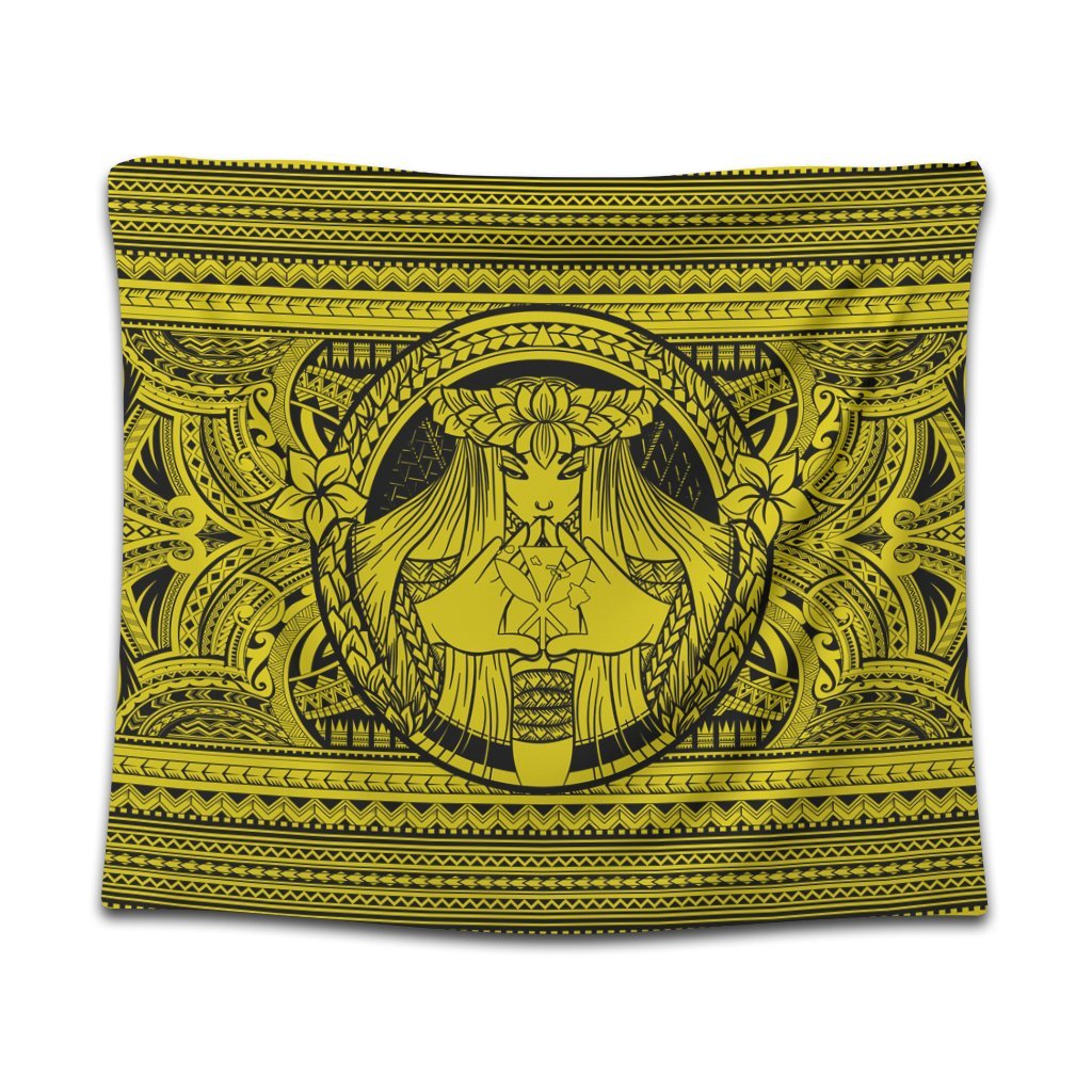 Hawaiian Map Madame Pele Kanaka Plumeria Polynesian Tapestry Yellow AH Wall Tapestry Black - Polynesian Pride