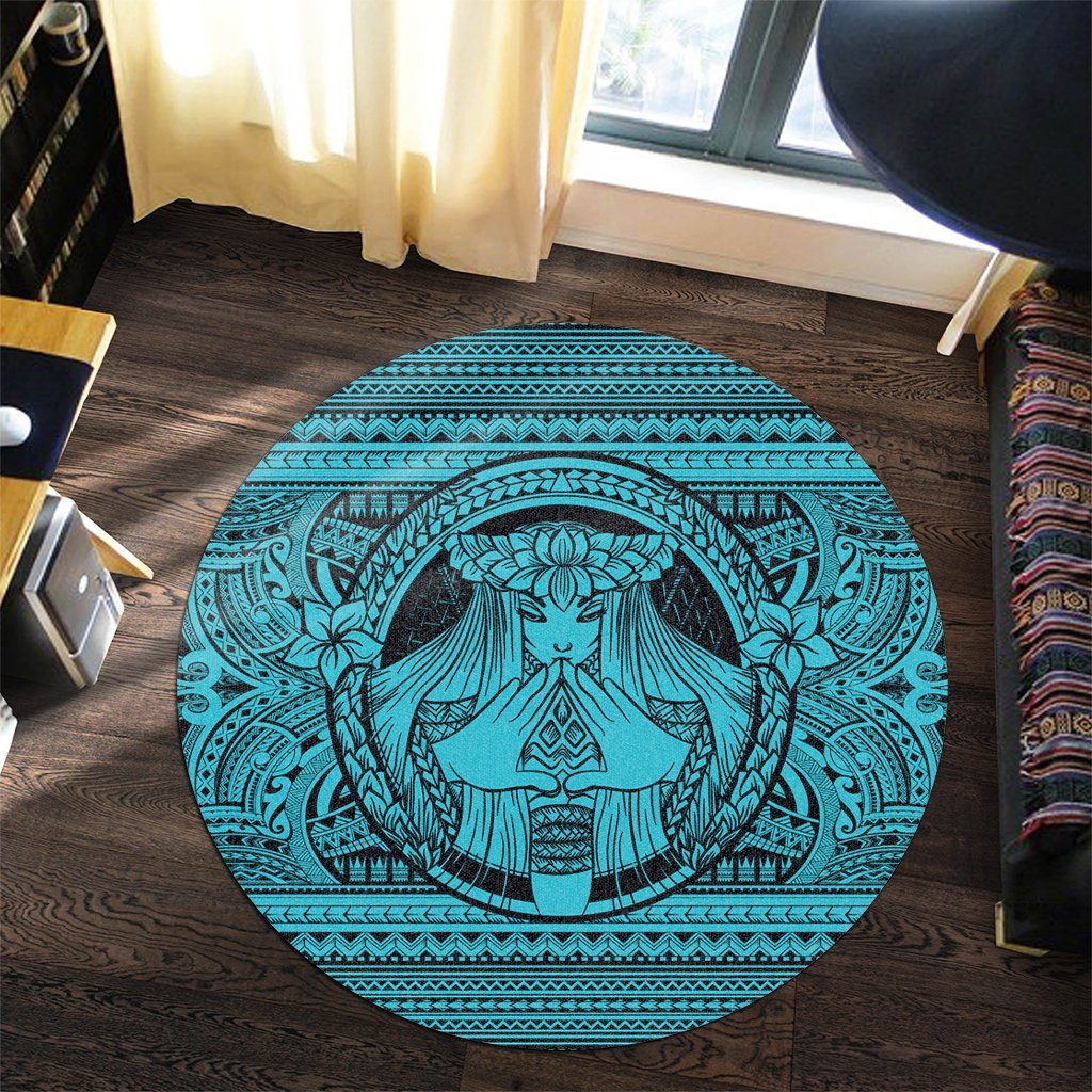 Hawaiian Map Madame Pele Mauna Kea Plumeria Polynesian Round Carpet Blue AH - Polynesian Pride