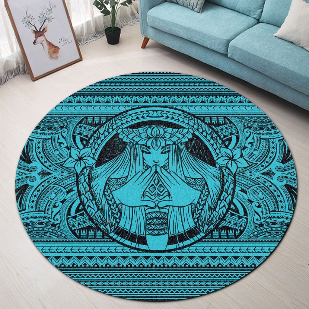 Hawaiian Map Madame Pele Mauna Kea Plumeria Polynesian Round Carpet Blue AH - Polynesian Pride