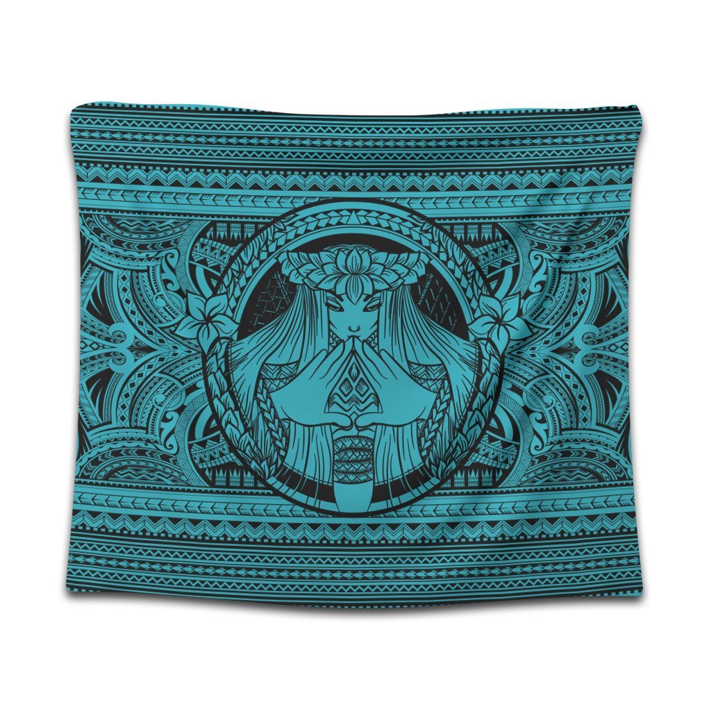 Hawaiian Map Madame Pele Mauna Kea Plumeria Polynesian Tapestry Blue AH Wall Tapestry Black - Polynesian Pride