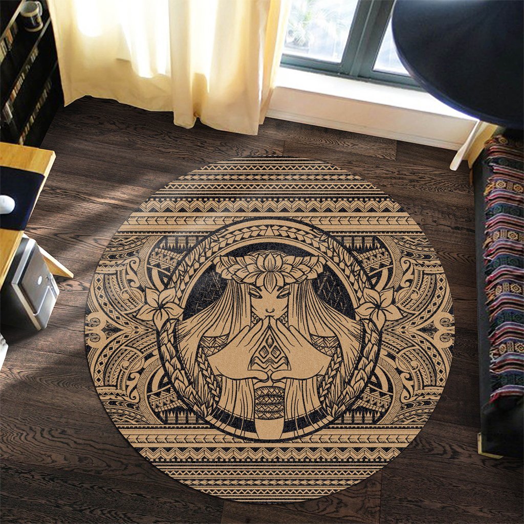 Hawaiian Map Madame Pele Mauna Kea Plumeria Polynesian Round Carpet Gold AH - Polynesian Pride