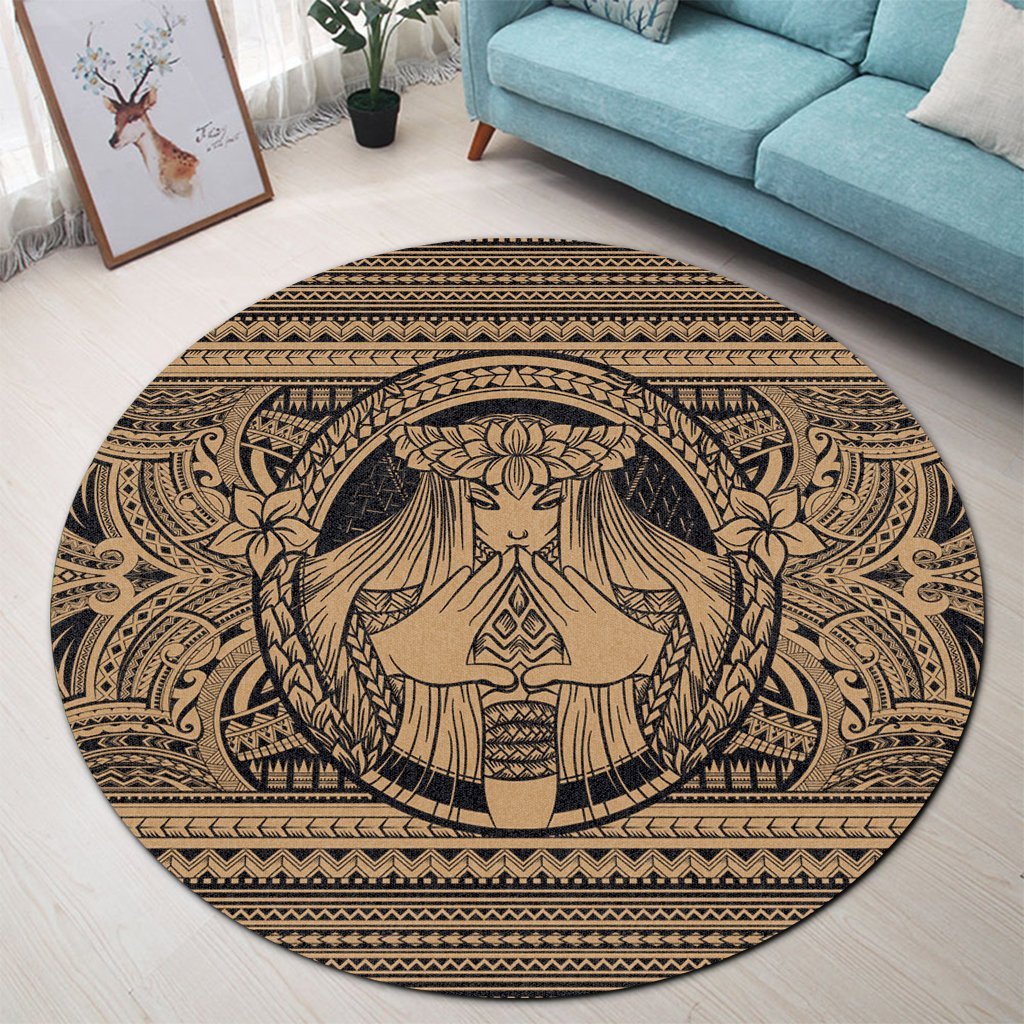 Hawaiian Map Madame Pele Mauna Kea Plumeria Polynesian Round Carpet Gold AH - Polynesian Pride