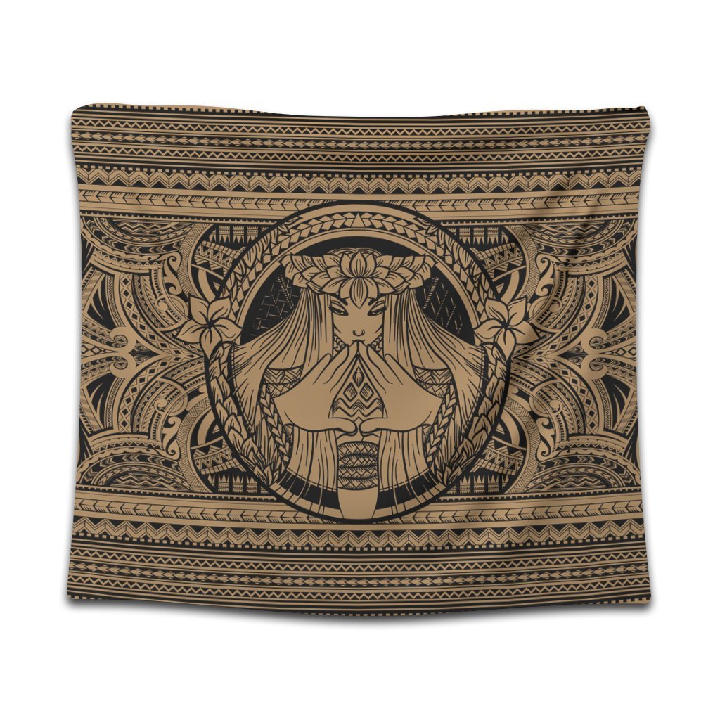 Hawaiian Map Madame Pele Mauna Kea Plumeria Polynesian Tapestry Gold AH Wall Tapestry Black - Polynesian Pride