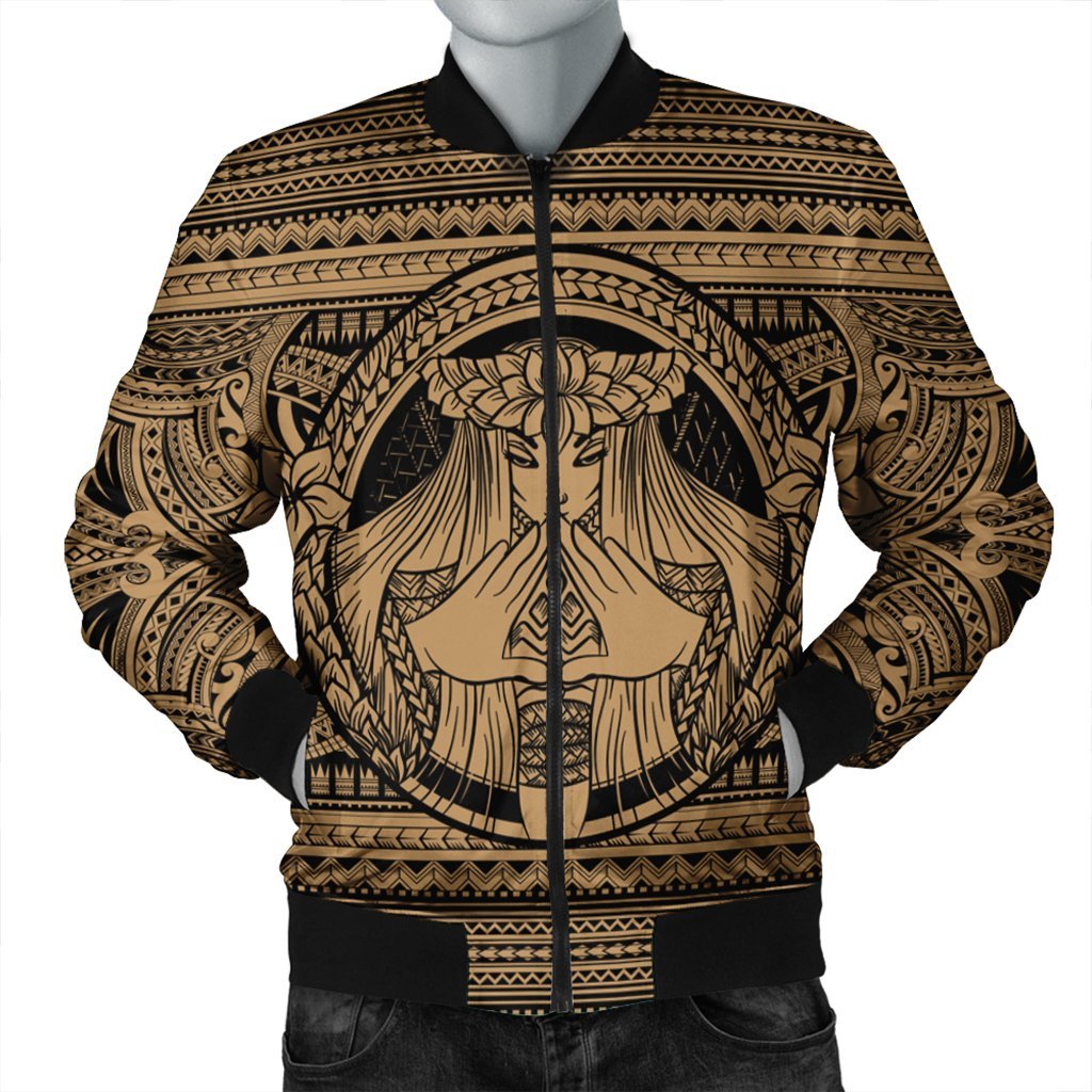 Hawaiian Map Madame Pele Mauna Kea Plumeria Polynesian Bomber Jacket Gold AH Black Unisex - Polynesian Pride