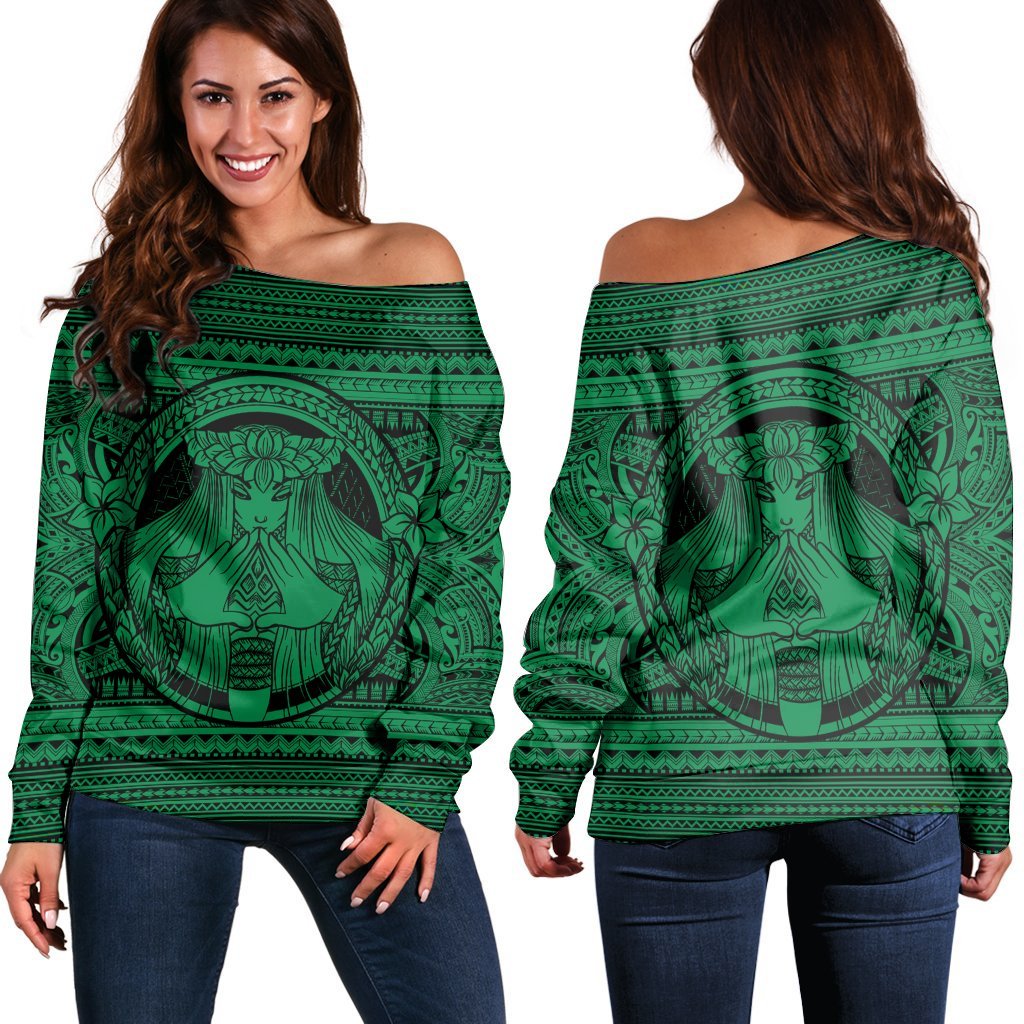 Hawaiian Map Madame Pele Mauna Kea Plumeria Polynesian Women's Off Shoulder Sweater Green AH Black - Polynesian Pride