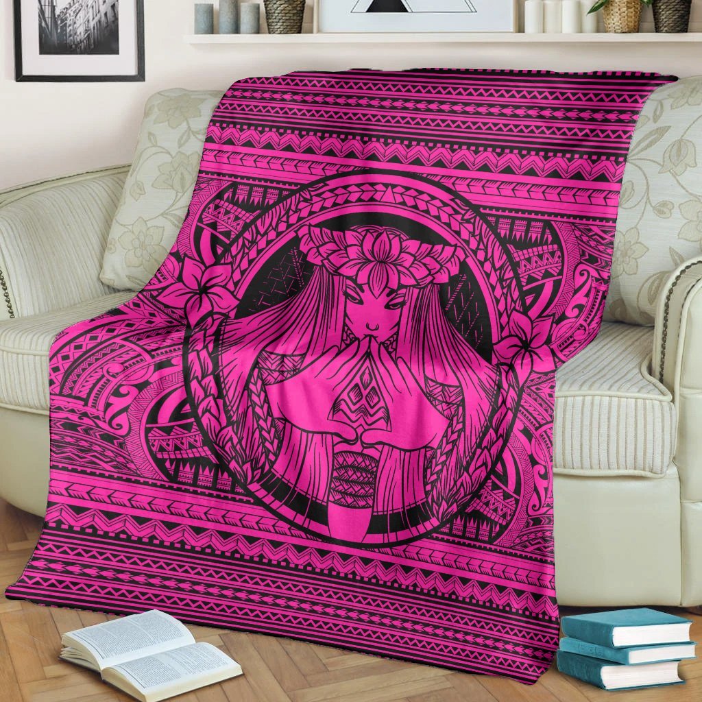 Hawaiian Map Madame Pele Mauna Kea Plumeria Polynesian Premium Blankets Pink AH - Polynesian Pride