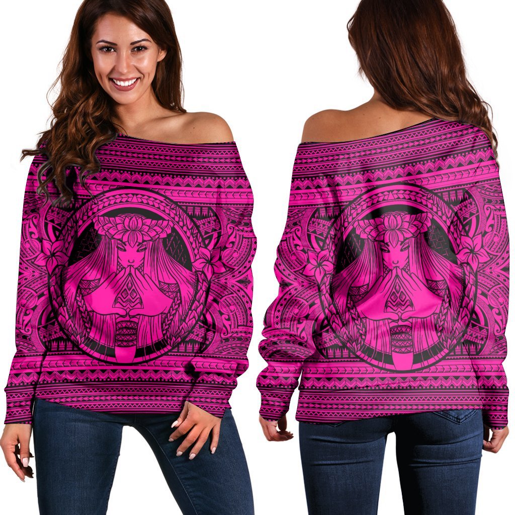 Hawaiian Map Madame Pele Mauna Kea Plumeria Polynesian Women's Off Shoulder Sweater Pink AH Black - Polynesian Pride