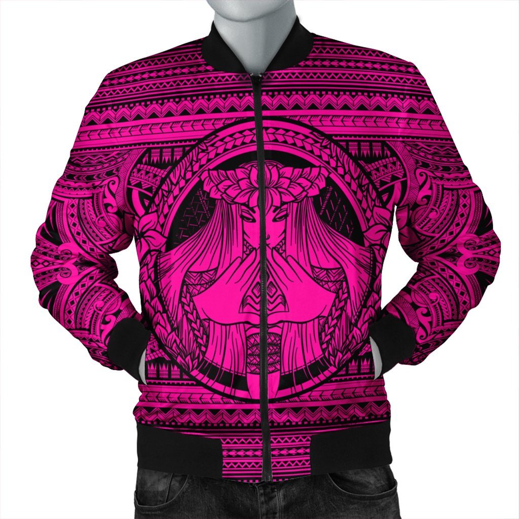 Hawaiian Map Madame Pele Mauna Kea Plumeria Polynesian Bomber Jacket Pink AH Black Unisex - Polynesian Pride