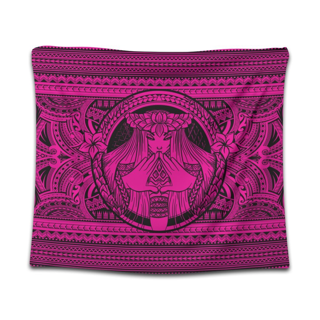 Hawaiian Map Madame Pele Mauna Kea Plumeria Polynesian Tapestry Pink AH Wall Tapestry Black - Polynesian Pride