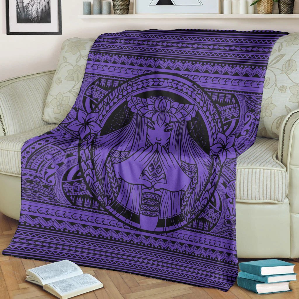 Hawaiian Map Madame Pele Mauna Kea Plumeria Polynesian Premium Blankets Purple AH - Polynesian Pride