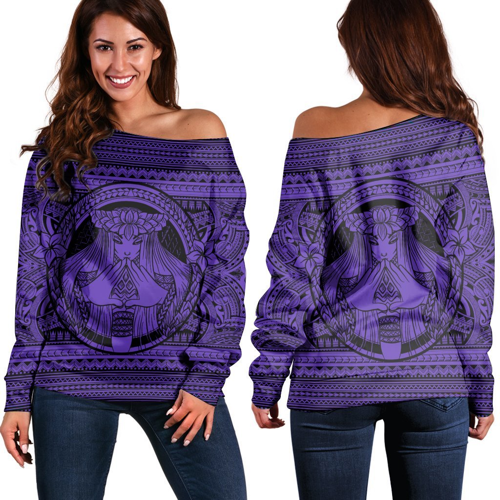 Hawaiian Map Madame Pele Mauna Kea Plumeria Polynesian Women's Off Shoulder Sweater Purple AH Black - Polynesian Pride