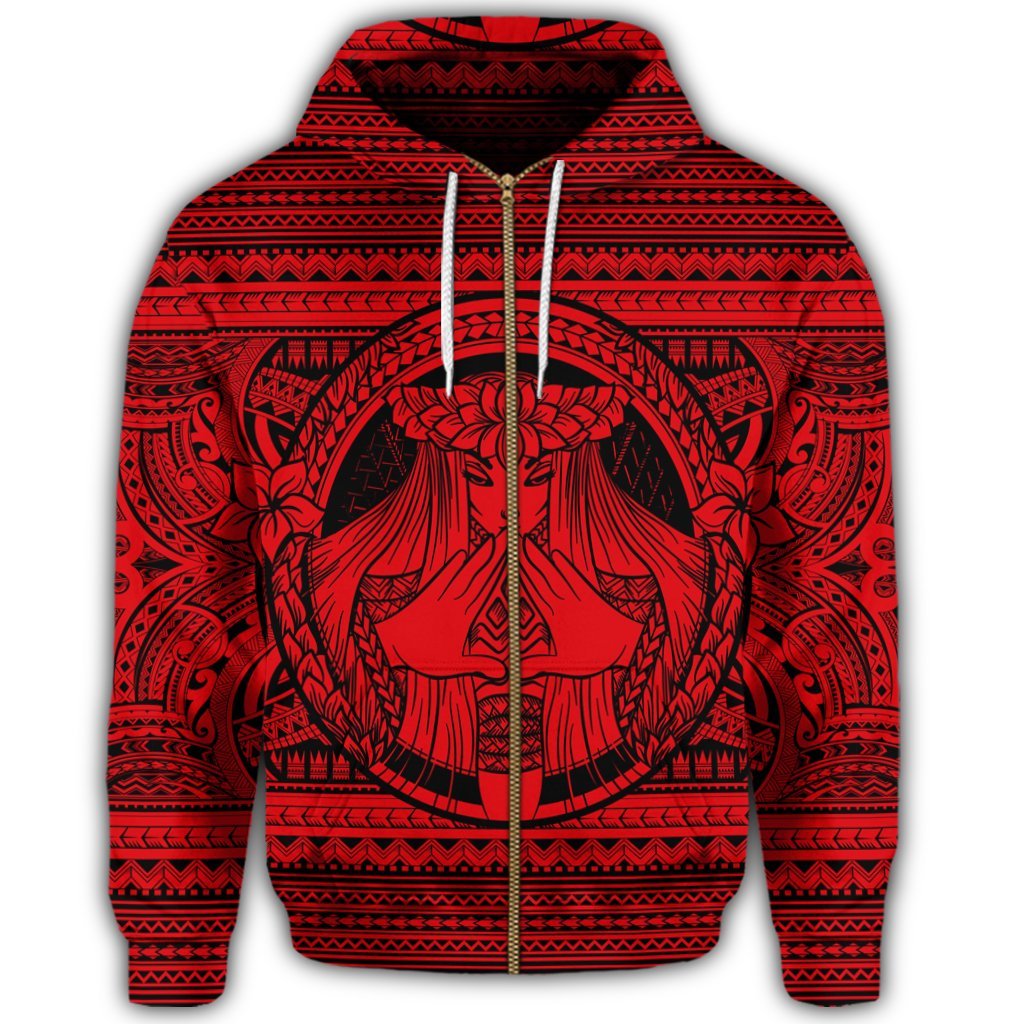 Hawaiian Map Madame Pele Mauna Kea Plumeria Polynesian Zip Hoodie Red - Polynesian Pride