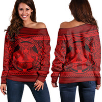 Hawaiian Map Madame Pele Mauna Kea Plumeria Polynesian Women's Off Shoulder Sweater Red AH Black - Polynesian Pride