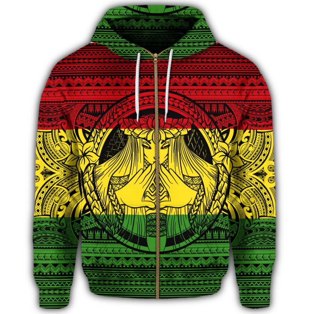 Hawaiian Map Madame Pele Mauna Kea Plumeria Polynesian Zip Hoodie Reggae - Polynesian Pride