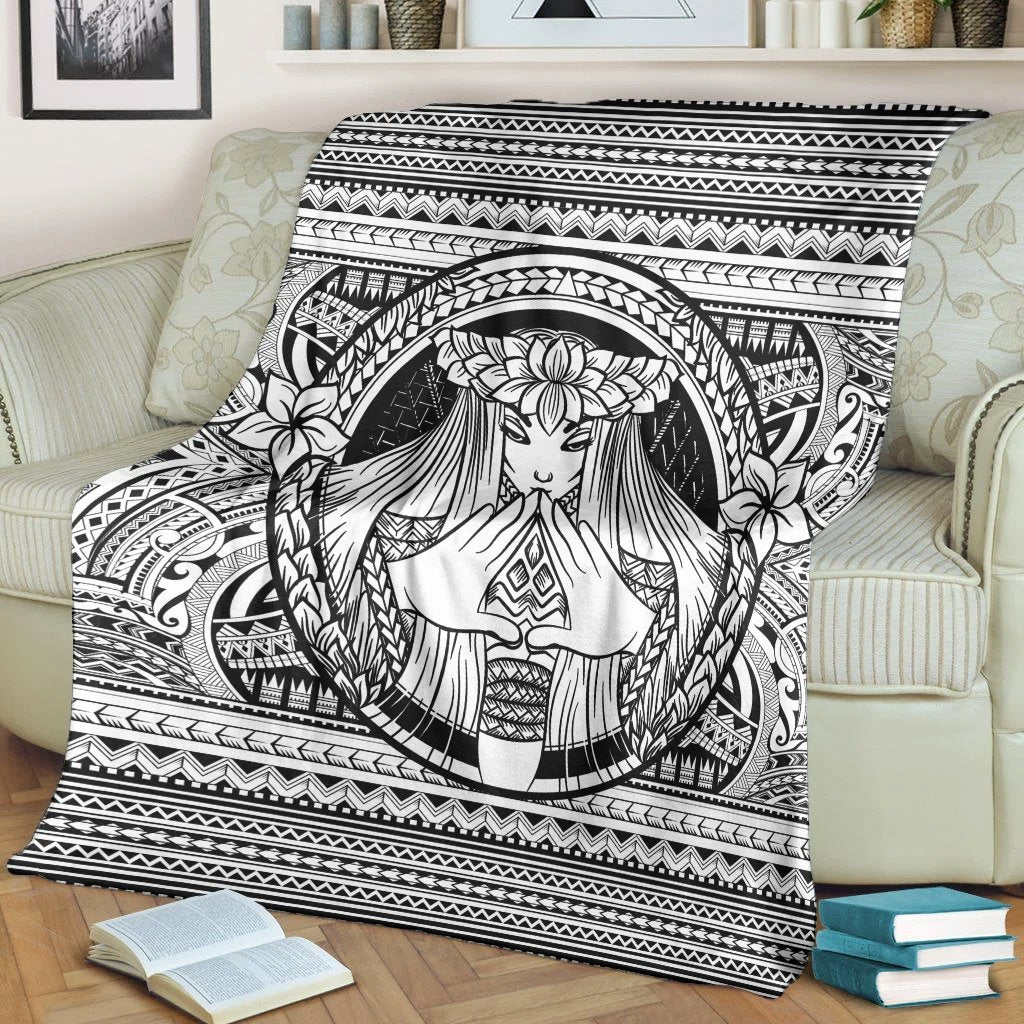 Hawaiian Map Madame Pele Mauna Kea Plumeria Polynesian Premium Blankets White AH - Polynesian Pride
