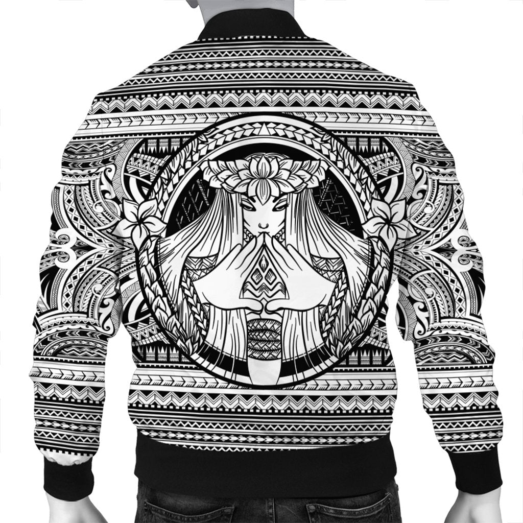 Hawaiian Map Madame Pele Mauna Kea Plumeria Polynesian Bomber Jacket White AH - Polynesian Pride