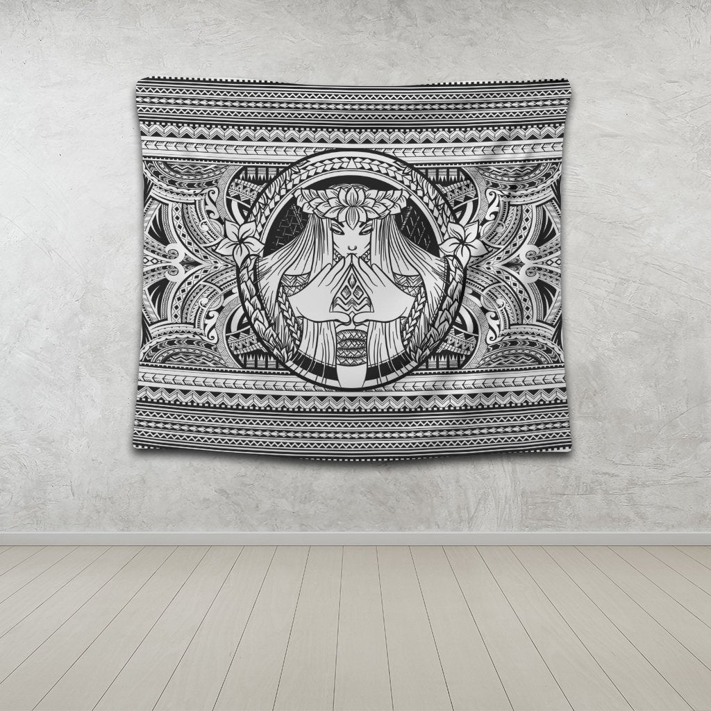 Hawaiian Map Madame Pele Mauna Kea Plumeria Polynesian Tapestry White AH - Polynesian Pride