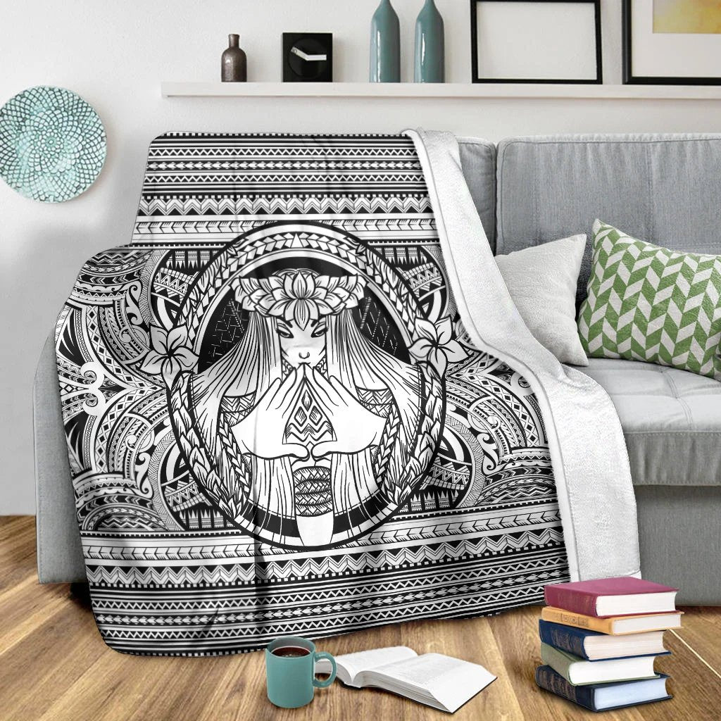 Hawaiian Map Madame Pele Mauna Kea Plumeria Polynesian Premium Blankets White AH - Polynesian Pride