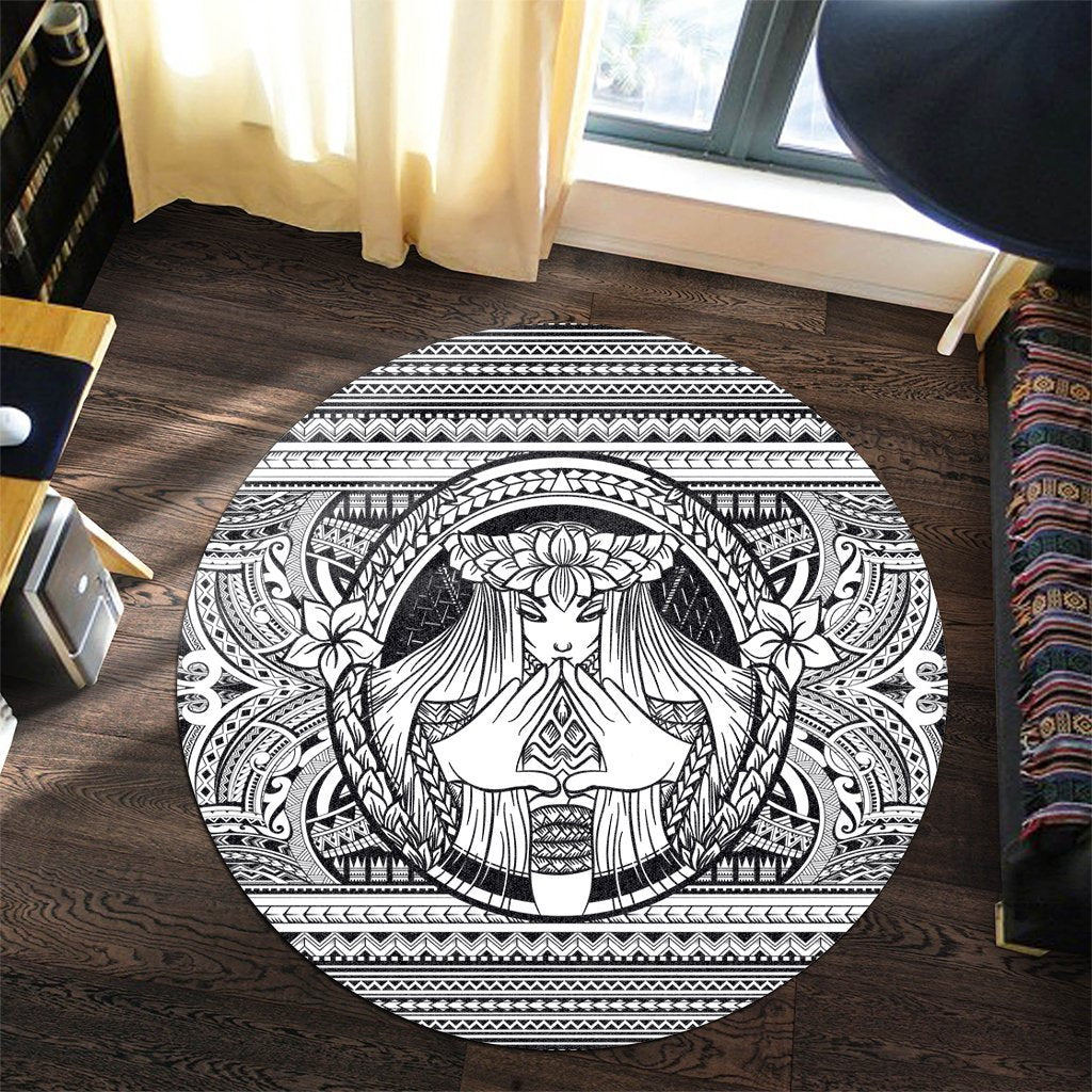 Hawaiian Map Madame Pele Mauna Kea Plumeria Polynesian Round Carpet White AH - Polynesian Pride