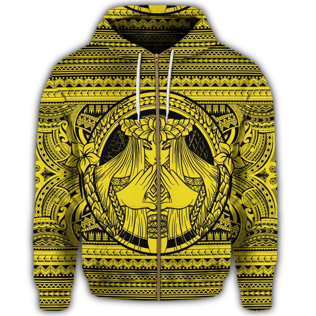 Hawaiian Map Madame Pele Mauna Kea Plumeria Polynesian Zip Hoodie Yellow - Polynesian Pride
