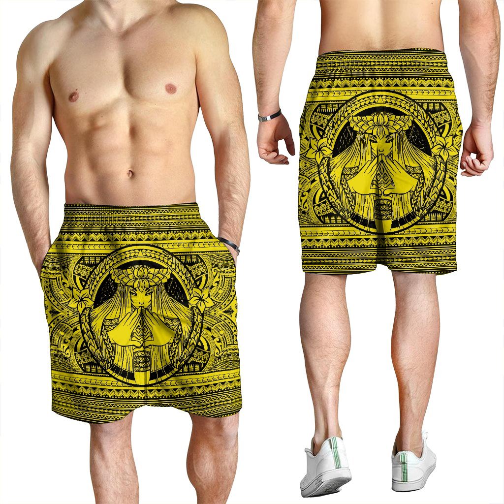Hawaiian Map Madame Pele Mauna Kea Plumeria Polynesian Men's Shorts Yellow AH - Polynesian Pride