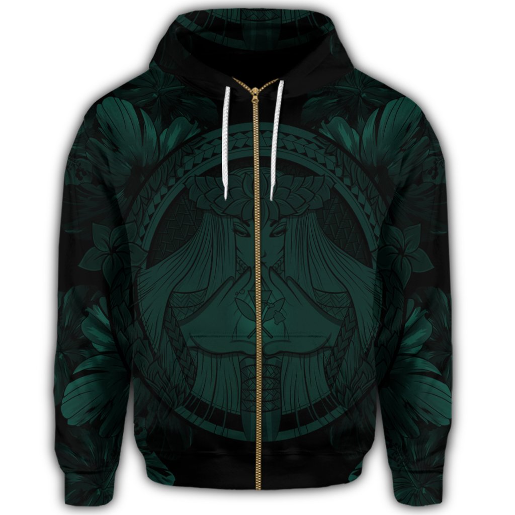 Hawaiian Map Madame Pele Polynesian Zip Hoodie Dark Green - Polynesian Pride