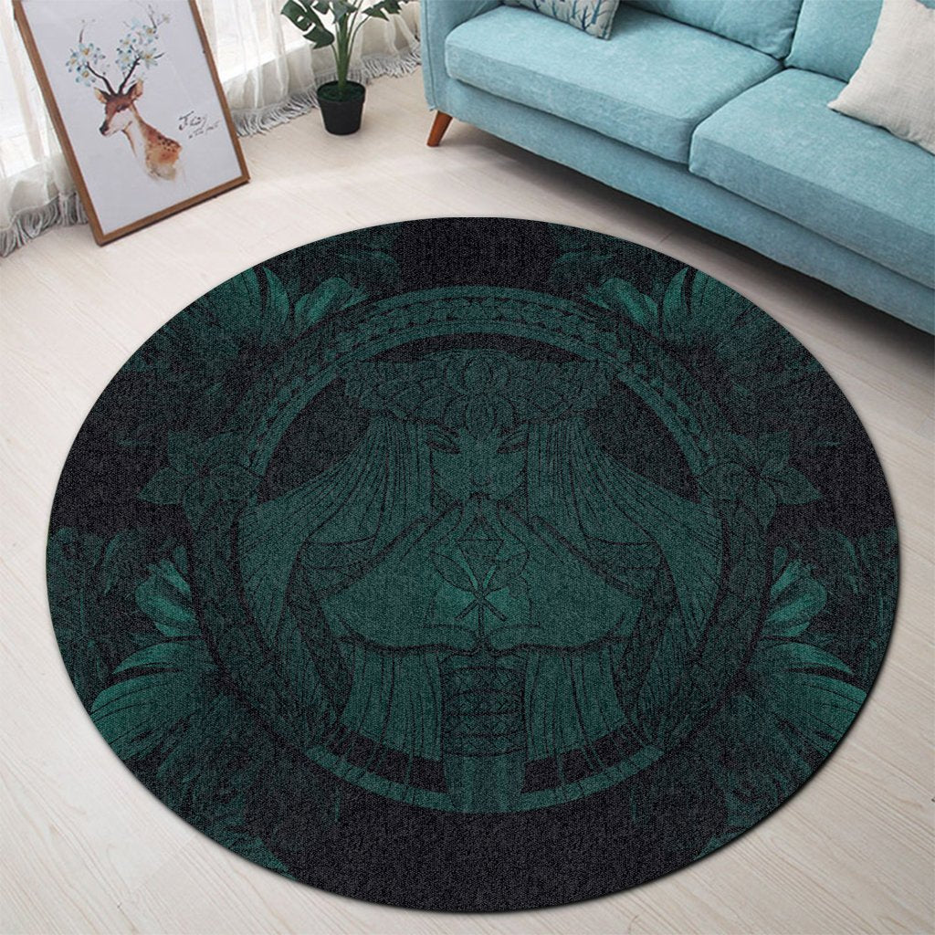 Hawaiian Map Madame Pele Polynesian Round Carpet Dark Green AH - Polynesian Pride