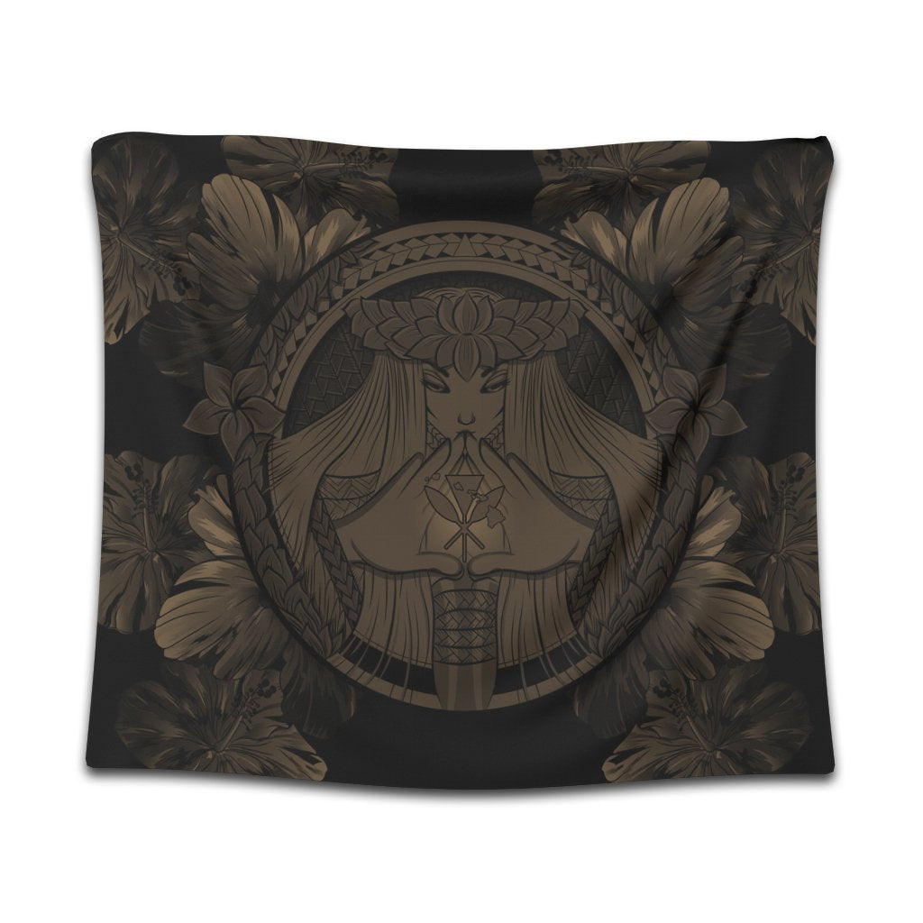 Hawaiian Map Madame Pele Polynesian Tapestry Gold AH Wall Tapestry Black - Polynesian Pride