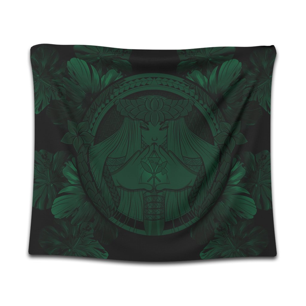 Hawaiian Map Madame Pele Polynesian Tapestry Green AH Wall Tapestry Black - Polynesian Pride