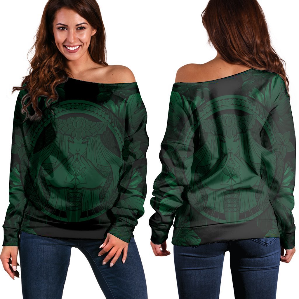 Hawaiian Map Madame Pele Polynesian Women's Off Shoulder Sweater Green AH Black - Polynesian Pride