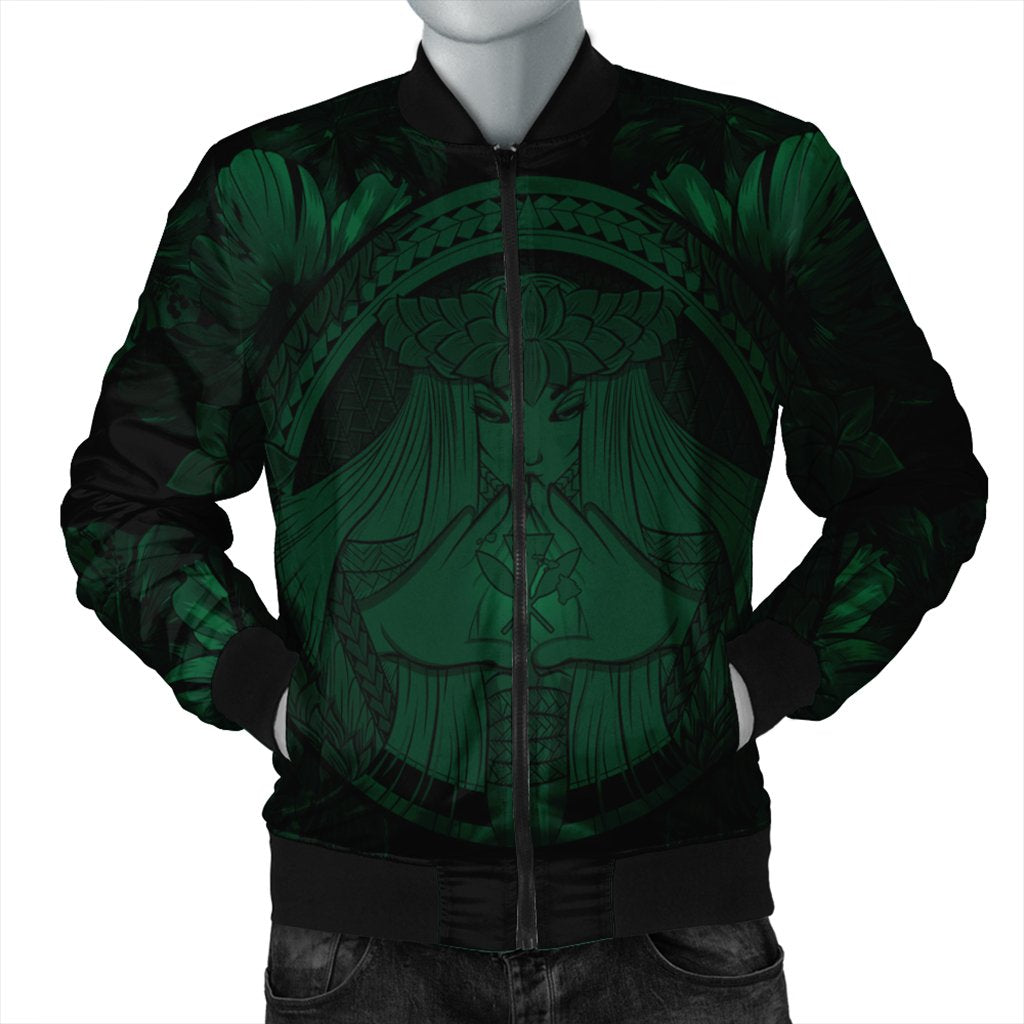 Hawaiian Map Madame Pele Polynesian Bomber Jacket Green AH Black Unisex - Polynesian Pride