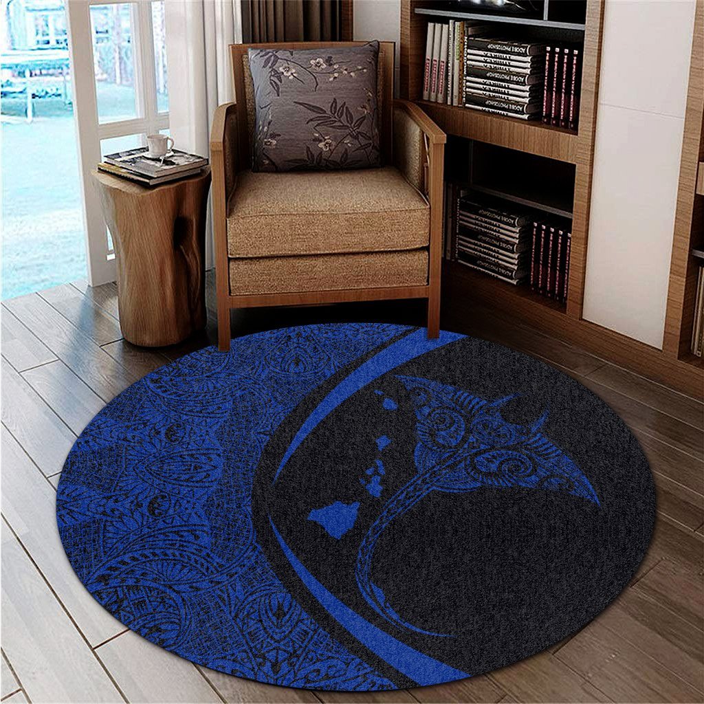 Hawaiian Map Manta Ray Blue Polynesian Round Carpet - AH - Polynesian Pride