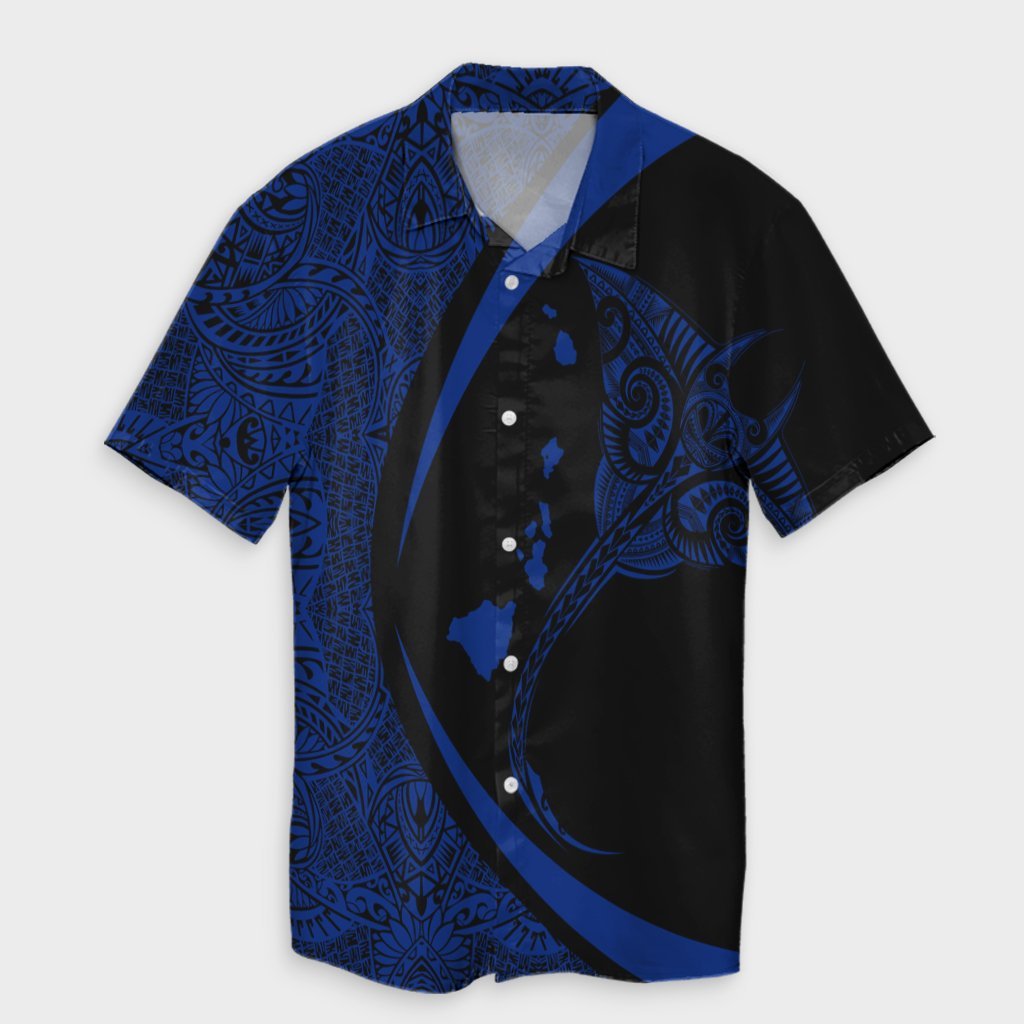 Hawaiian Map Manta Ray Blue Polynesian Hawaiian Shirt - AH Unisex Black - Polynesian Pride