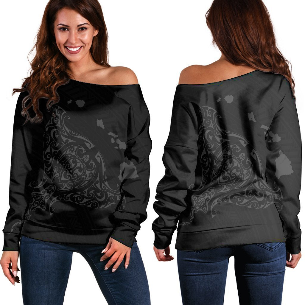 Hawaiian Map Manta Ray Gray Polynesian Women's Off Shoulder Sweater - AH Black - Polynesian Pride