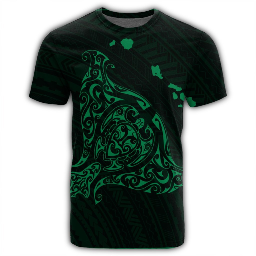 Hawaiian Map Manta Ray Green Polynesian T Shirt - Polynesian Pride