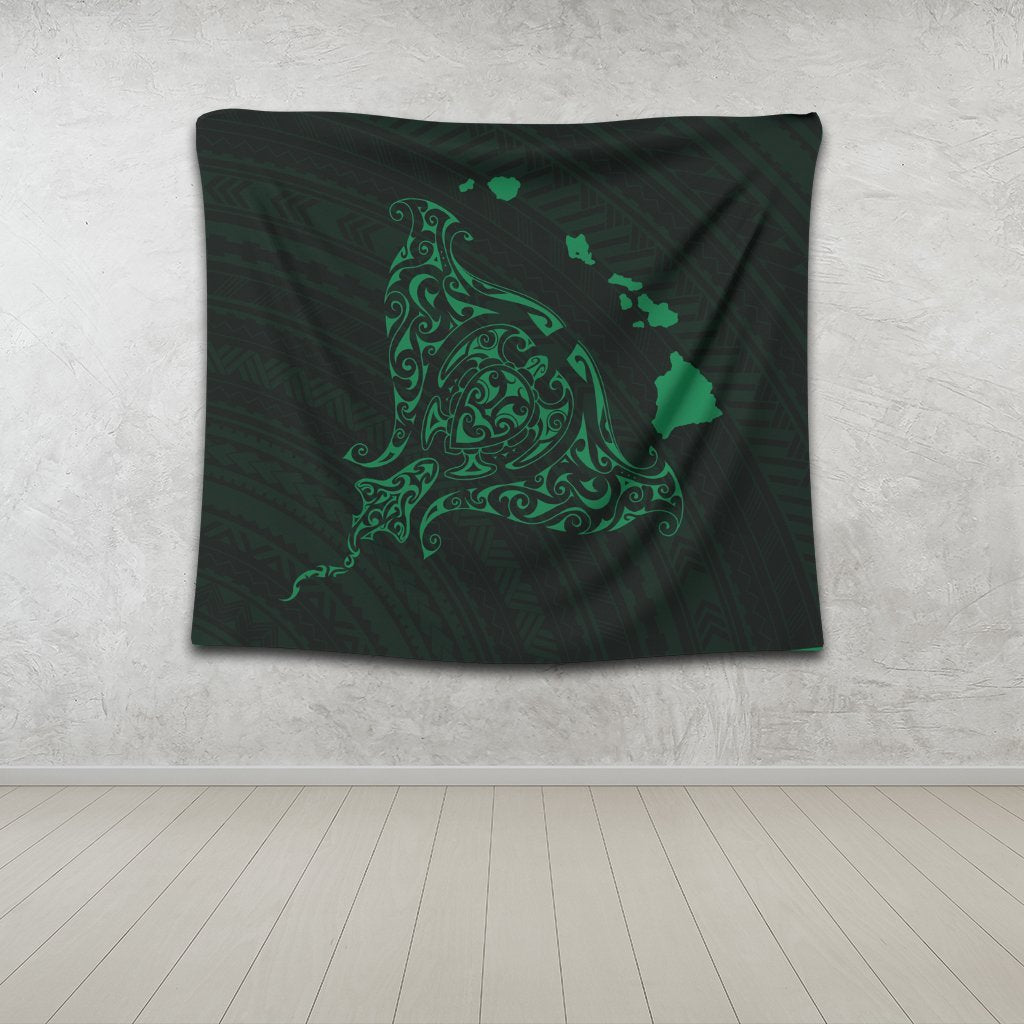 Hawaiian Map Manta Ray Green Polynesian Tapestry - AH - Polynesian Pride