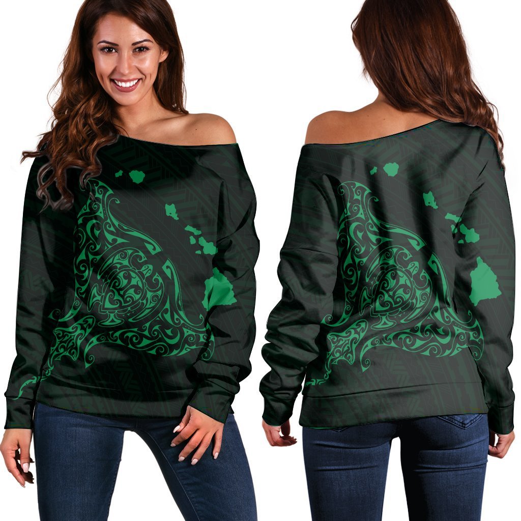 Hawaiian Map Manta Ray Green Polynesian Women's Off Shoulder Sweater - AH Black - Polynesian Pride