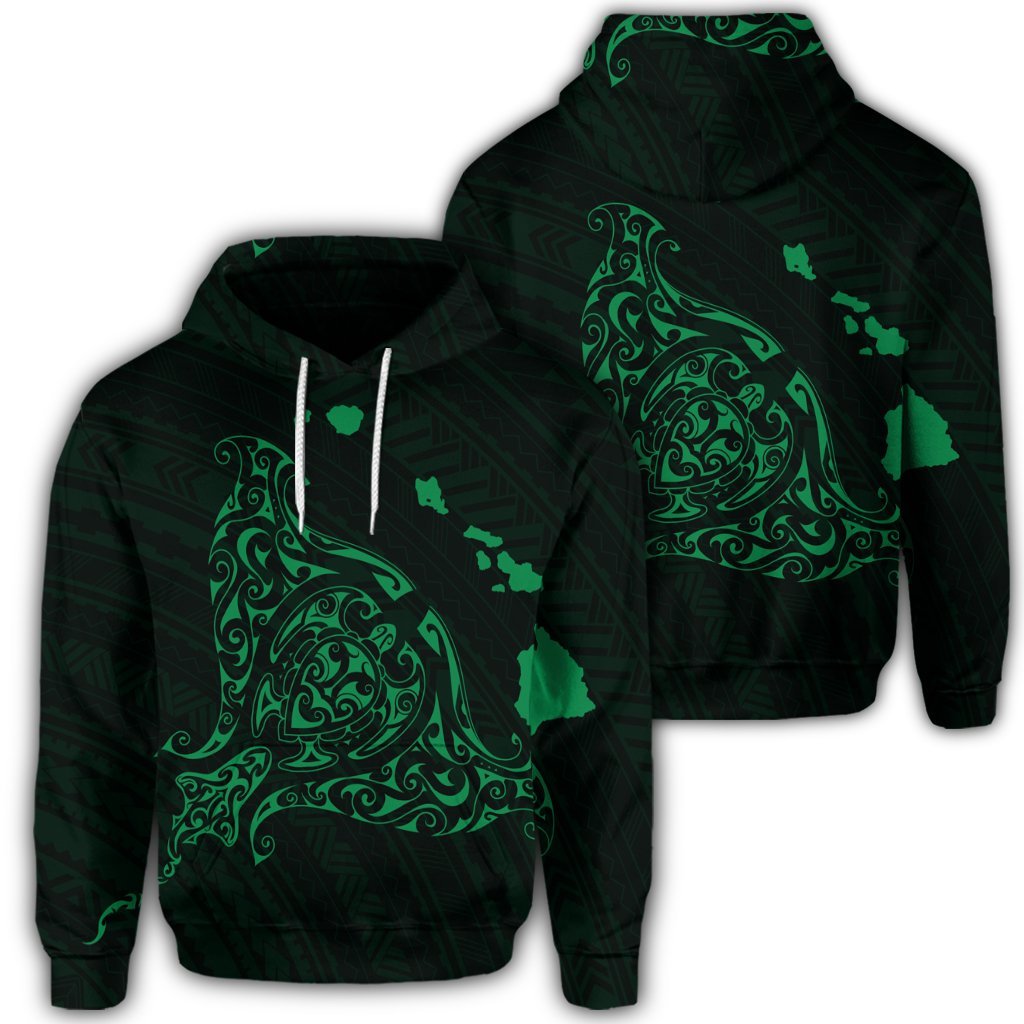 Hawaiian Map Manta Ray Green Polynesian Hoodie Unisex Art - Polynesian Pride