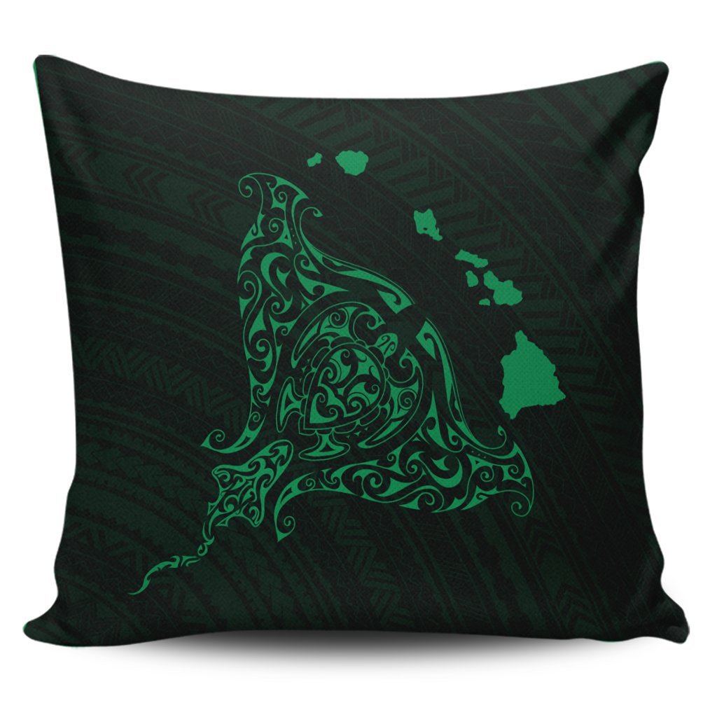 Hawaiian Map Manta Ray Green Polynesian Pillow Covers - AH Pillow Covers Black - Polynesian Pride